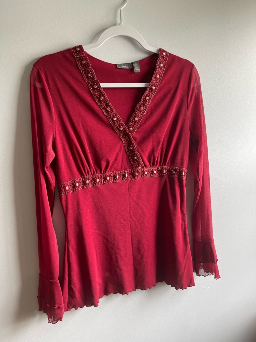 Y2K 00s Bellsleeve Apt. 9 Embellished Red Sheer Top